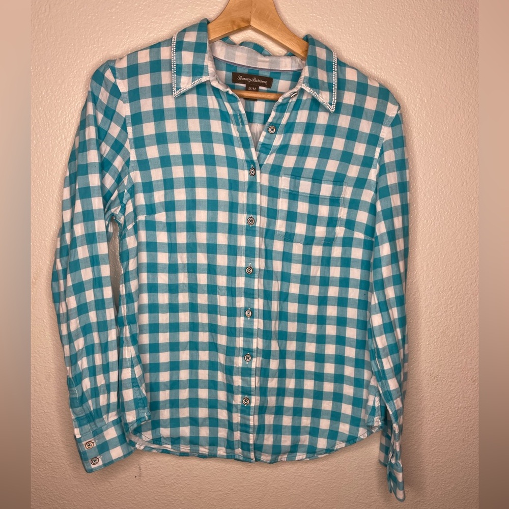 Tommy Bahama Teal and White Checkered Women’s Size Medium